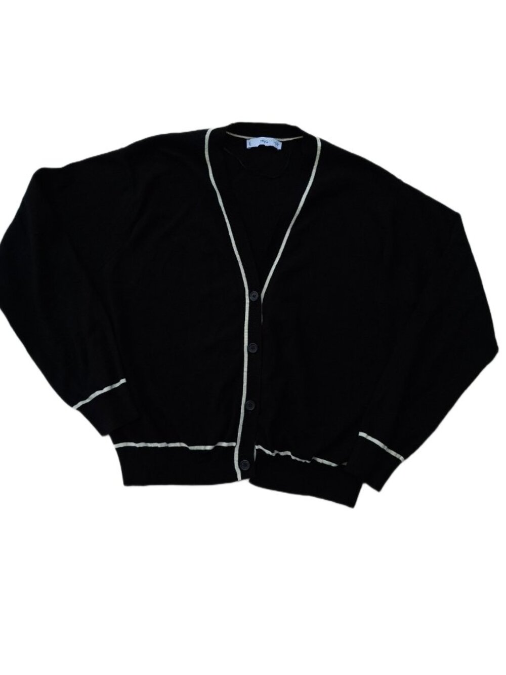 Mango Viscose Knit Black White Contrast Trim Preppy Button Front Cardigan Size L